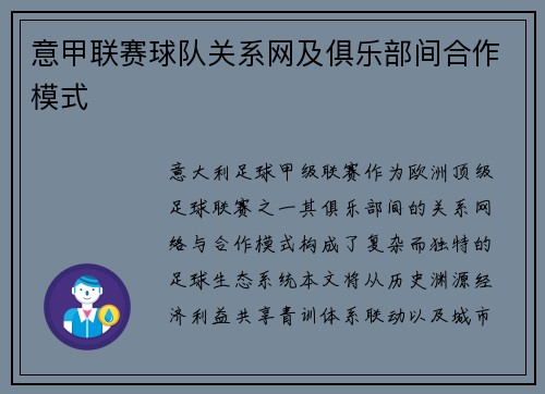 意甲联赛球队关系网及俱乐部间合作模式