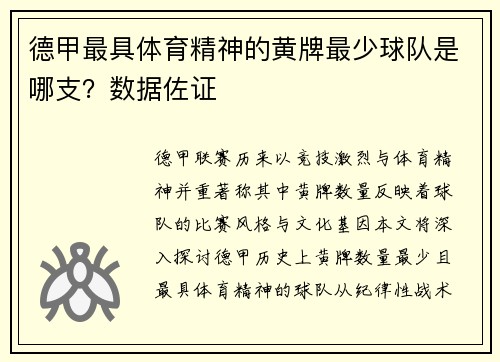 德甲最具体育精神的黄牌最少球队是哪支？数据佐证